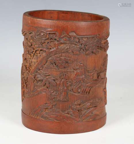 A Chinese carved bamboo brushpot, probably Qing dynasty, car...