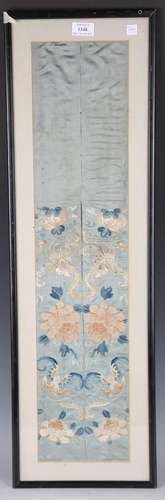 A pair of Chinese blue silk embroidered sleeve panels, late ...