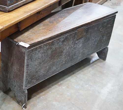 A 17th century oak six plank coffer, length 130cm, depth 37c...