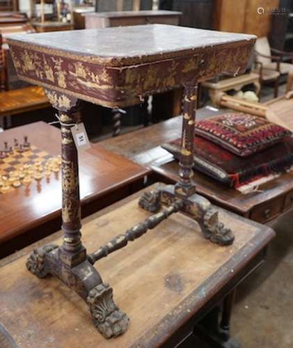 A 19th century Chinese export scarlet lacquer work table, wi...