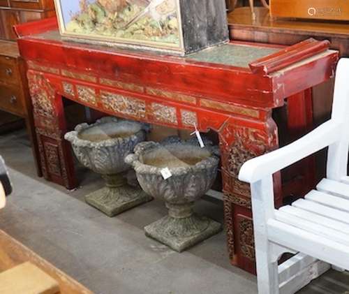 A Chinese carved scarlet and gilt painted altar table with f...