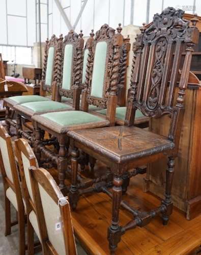A set of six 19th century Carolean style carved oak dining c...