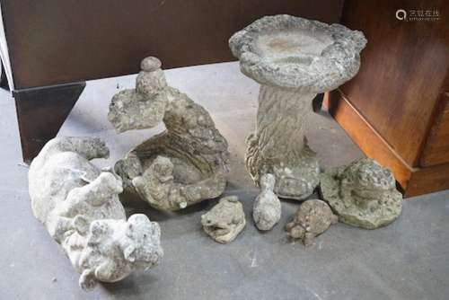 Two reconstituted stone garden bird baths, one moulded with ...