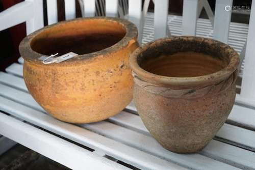 Two circular terracotta garden planters, larger width 38cm, ...