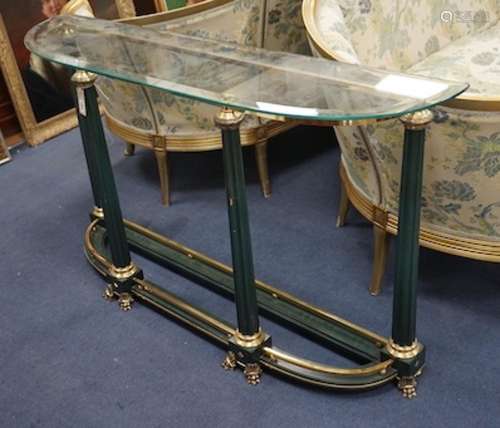 An Empire style brass mounted glass top D shaped console tab...