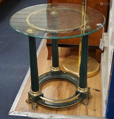 An Empire style circular brass mounted glass top occasional ...