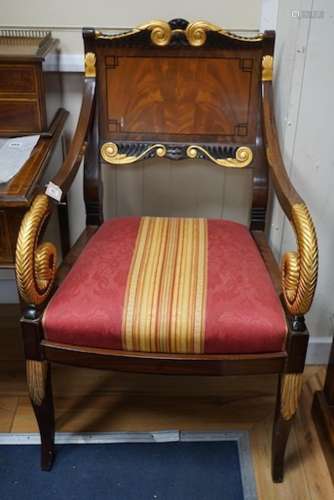 A pair of Regency design parcel gilt mahogany elbow chairs, ...