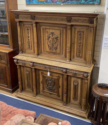 An early 20th century French carved walnut buffet, length 15...