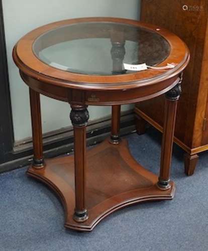 A pair of Empire style circular mahogany glass top occasiona...