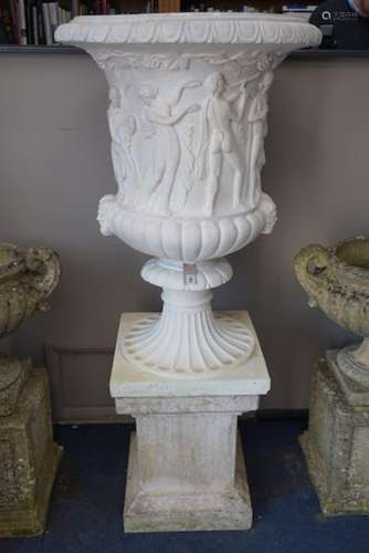 A reconstituted marble Borghese urn on stand, diameter 64cm,...