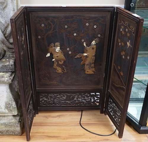 A Japanese folding wood and shibayama screen, height 89cm