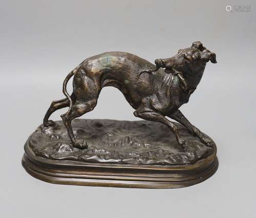 After Mene, a bronze figure of a whippet,31cms wide.