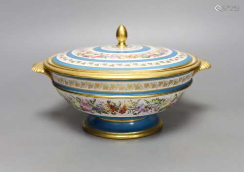 A Sevres ecuelle and cover, painted with a band of flowers s...