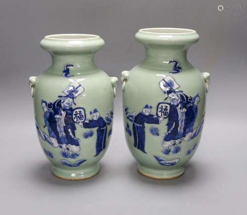 A pair of Chinese blue and white celadon ground vases,26cms,...