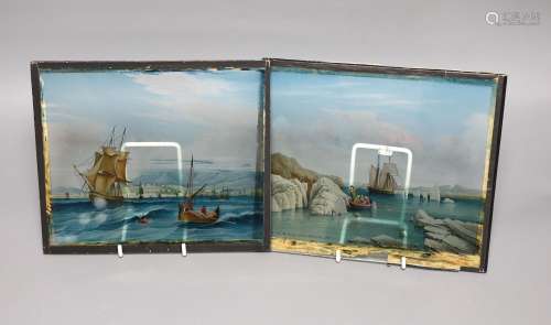 A pair of late 19th century reverse painted glass panels of ...