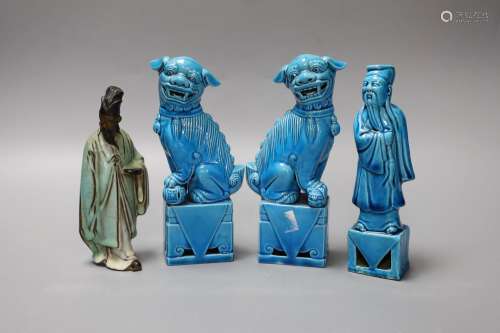 A pair of Chinese turquoise glazed lion-dogs, a similar figu...