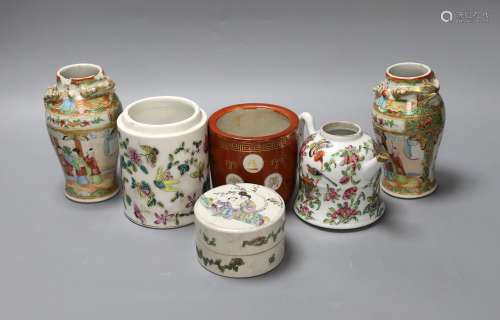A group of Chinese famille rose vases and jars, a box and co...