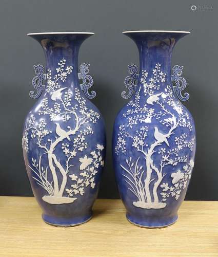 A pair of large 19th century Chinese slip decorated blue gro...