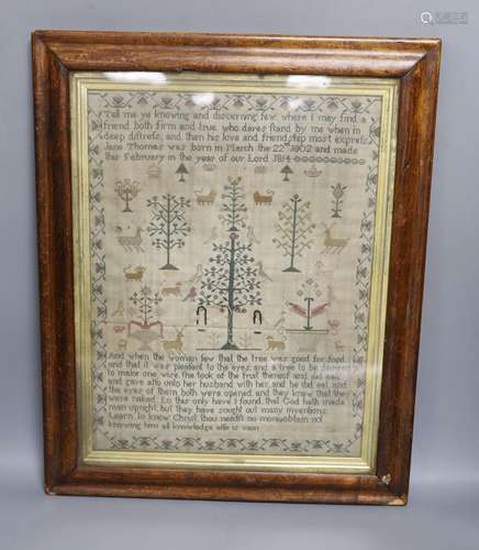 A George III Adam and Eve cross stitch sampler, worked by Ja...