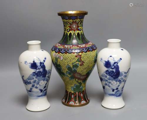 A pair of Chinese blue and white vases and a cloisonne ename...