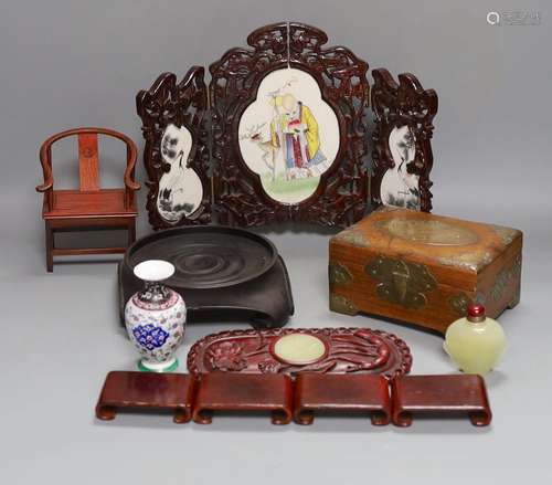 A group of Chinese wood stands, box, model chair, snuff bott...