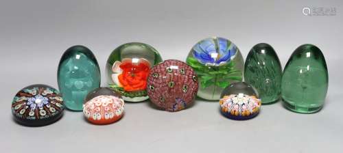 A collection of nine glass paperweights including Victorian ...