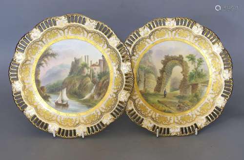 A pair of Coalport pierced border plates painted with named ...