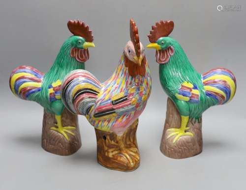 Three Chinese porcelain models of cockerels 31cm