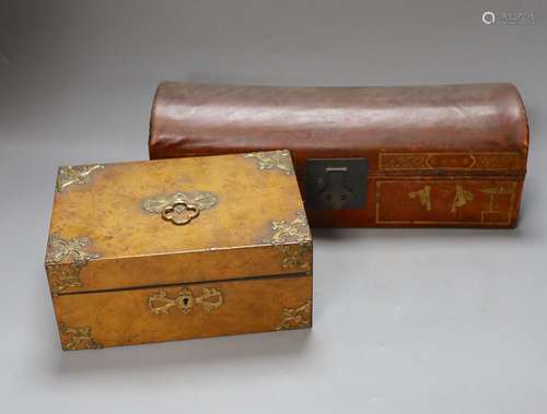 A Chinese leather clad box and Victorian burr walnut and orm...