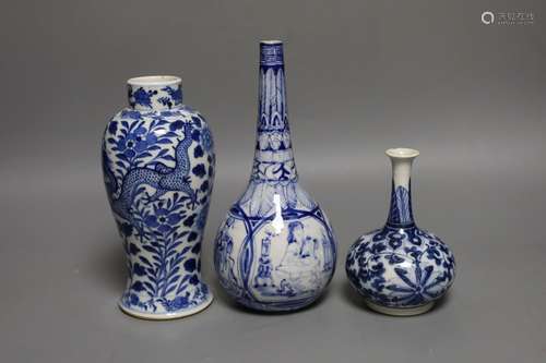 A Chinese blue and white ‘Dragon’ baluster vase and two blue...