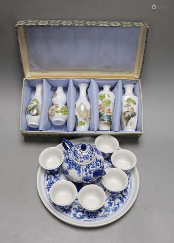 A Chinese blue and white miniature teapot, 6 matching cups a...