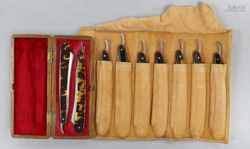 A set of seven tortoiseshell handled cut throat razors for t...