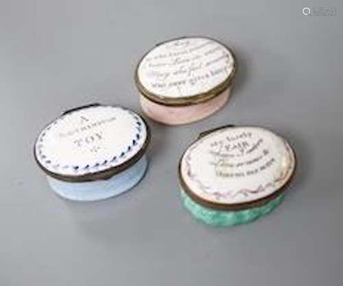 Three South Staffordshire enamel patch boxes, late 18th cent...