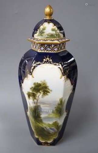 A Royal Worcester landscape painted hexagonal vase and cover...