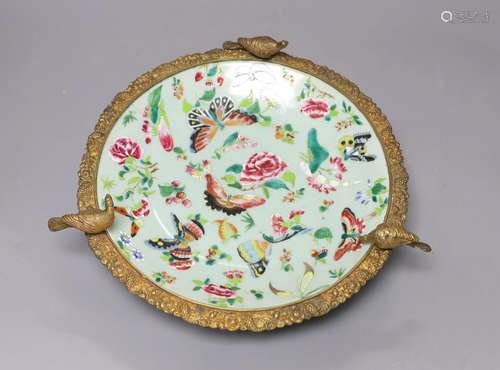 A 19th century Chinese famille rose dish with ormolu mount,2...