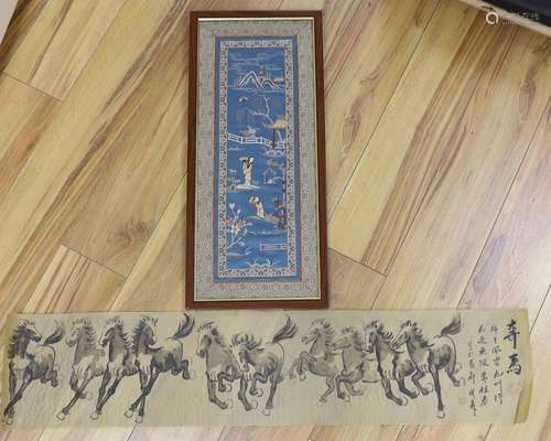 A Chinese painted handscroll and an embroidered silk panel