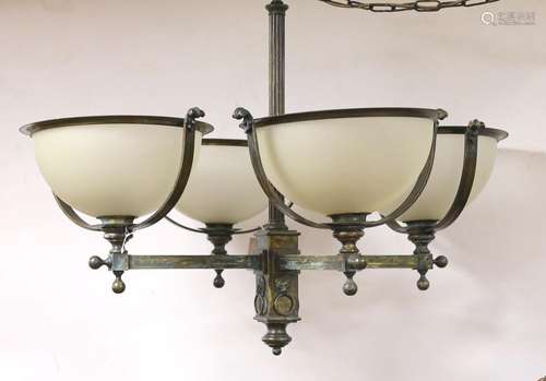 A brass 4 branch ceiling light with opaque glass shades,72 c...