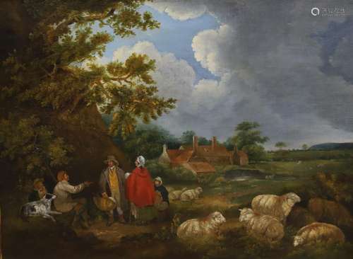 After Morland, oil on canvas, Travellers and shepherd in a l...