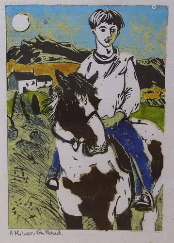 Allison Milner-Gulland, linocut, Horse and rider in a landsc...