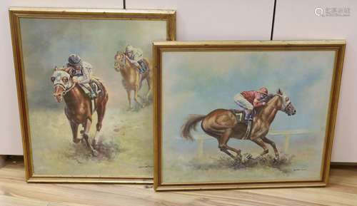 Glenn Ford, two oils on board, Horse racing scenes, signed, ...