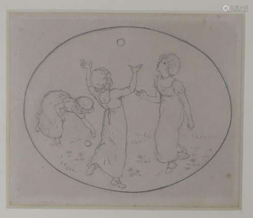 Kate Greenaway (1846-1901), pencil, Girls playing ball, Abbo...