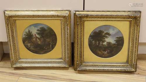 After Morland, pair of oils on board, Figures in woodland, t...