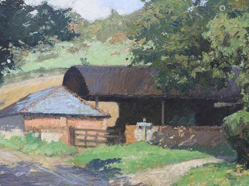 Modern British, oil on board, Study of a barn, 29 x 40cm