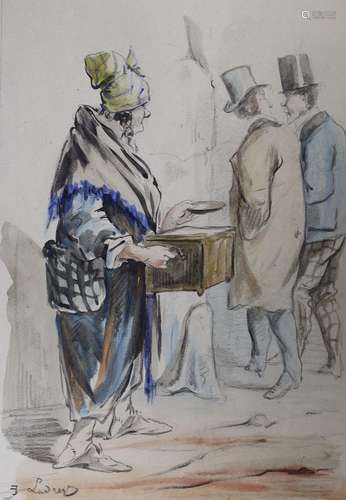 French School, pencil and watercolour, Street vendor and pas...