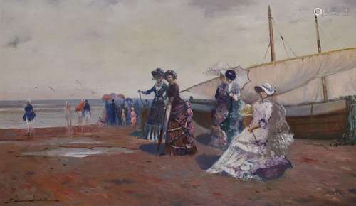 J. Sanchez, oil on canvas, Edwardian ladies on the beach, si...