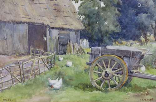 C.E. Baker, watercolour, Brede; chickens beside a barn, sign...