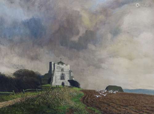 Ron Dellar, oil on canvas, Stormy weather, Hamsey Church, Su...