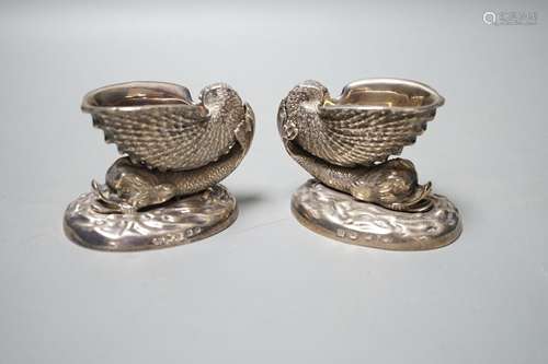 A pair of Victorian silver dolphin & shell salts, John K...