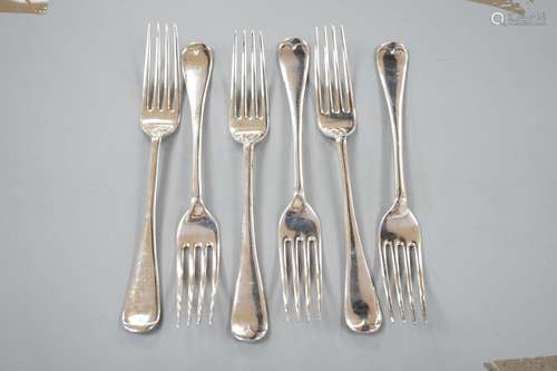 A set of six Edwardian silver Hanovarian pattern table forks...