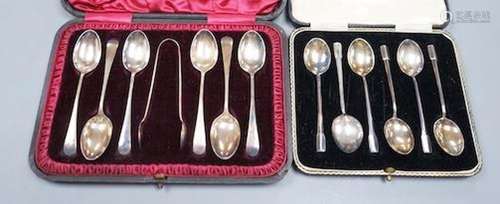 Two cased sets of six silver tea or coffee spoons including ...